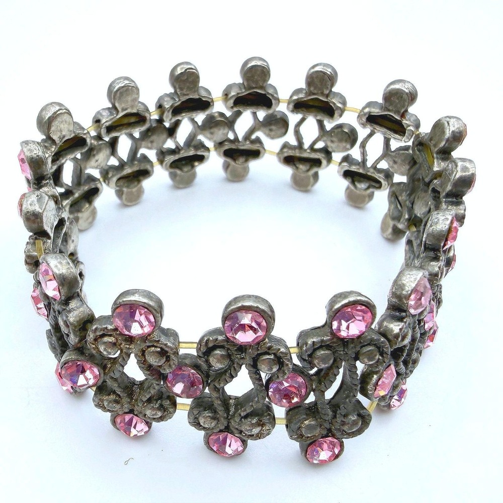 Vintage Silver Tone Pink Rhinestone Floral Link Bracelet Dainty Princess Y2K 90s